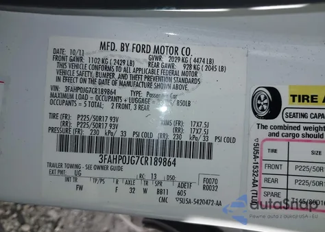 2012 Ford Fusion Sel from USA, damaged, VIN 3FAHP0JG7CR189864